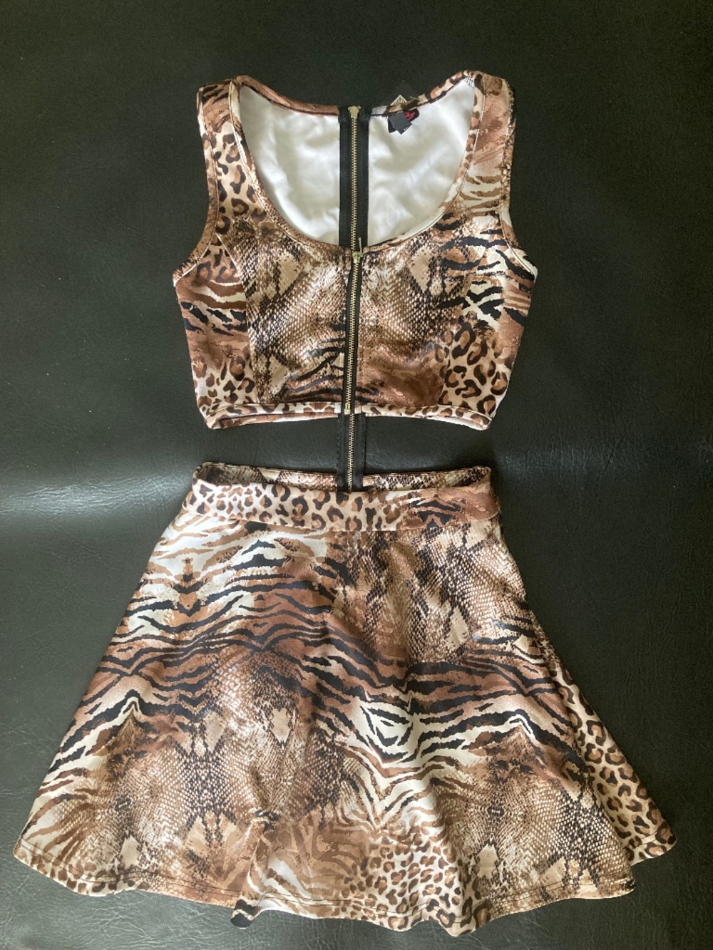 New Bebe 2b brown tiger animal print fit flare cutout cropped top shirt dress s